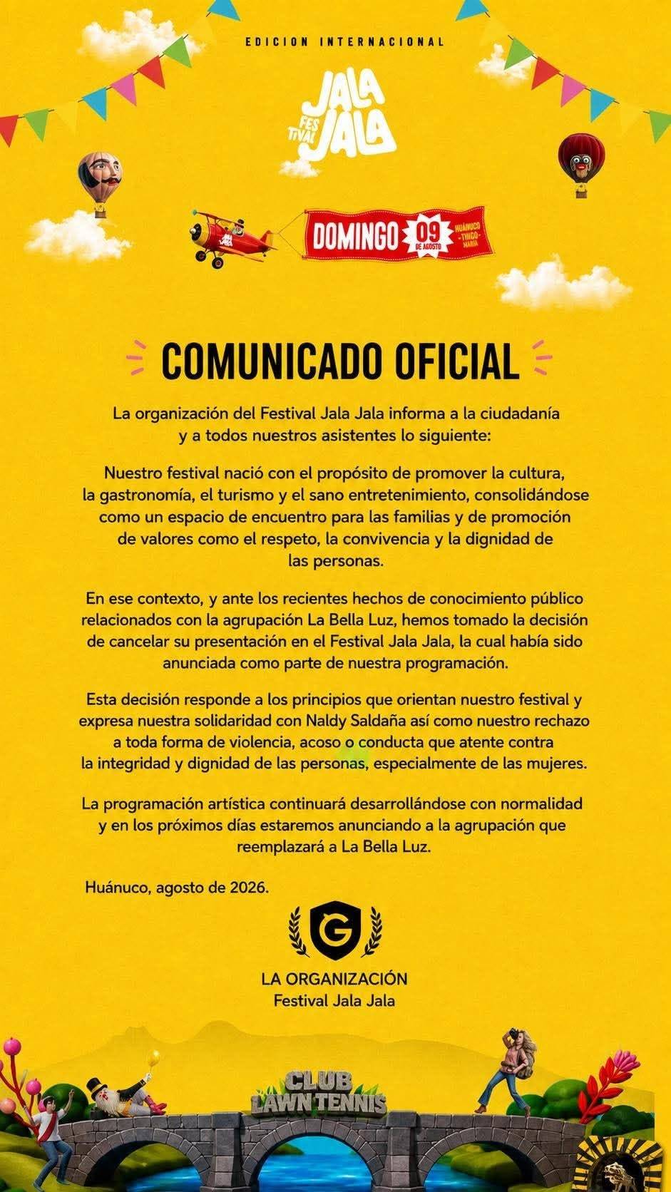 Festival Jala Jala cancela presentación de La Bella Luz tras denuncia de Naldy Saldaña