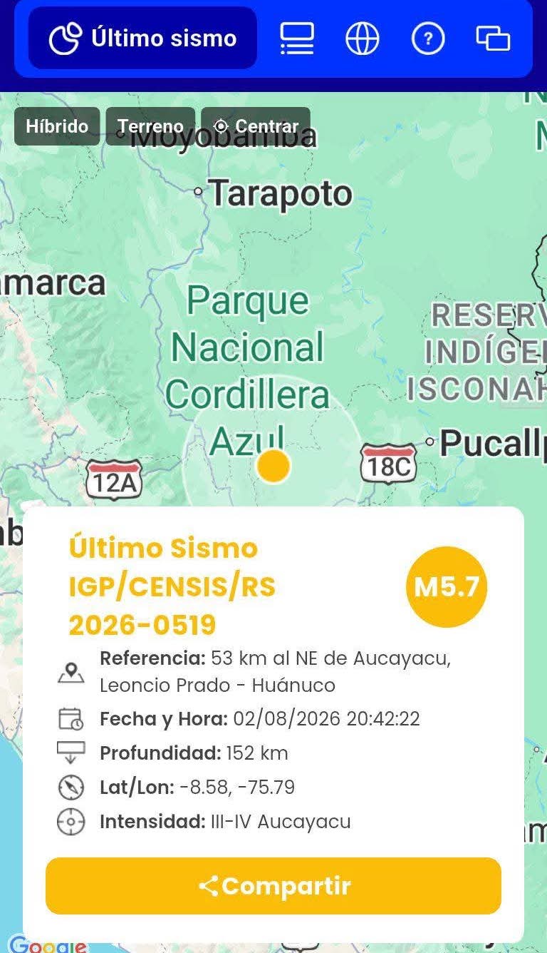 Sismo de magnitud 5.7 remeció Huánuco esta noche; epicentro fue en Leoncio Prado