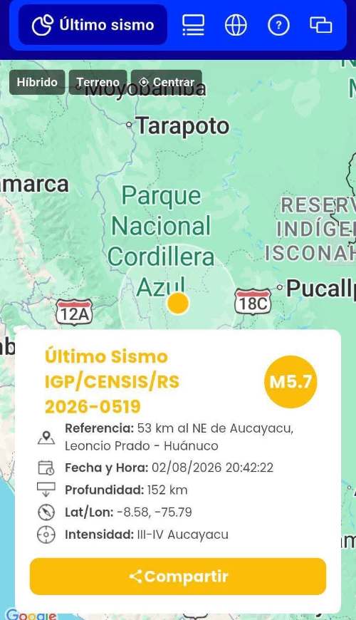 Sismo de magnitud 5,7 se registra a 53 kilómetros de Aucayacu