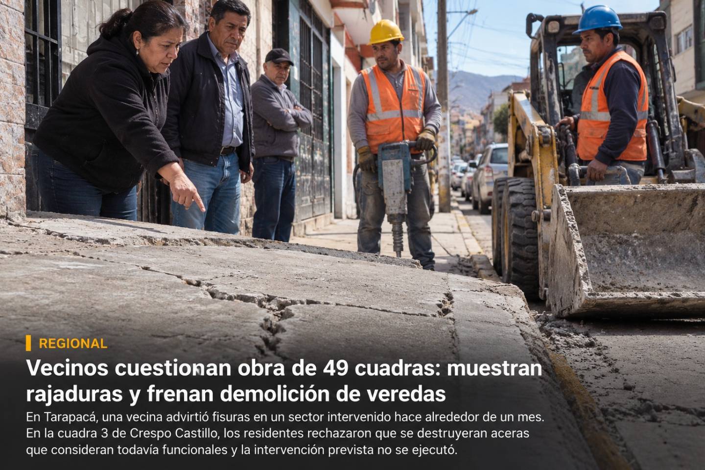 Vecinos cuestionan obra de 49 cuadras: muestran rajaduras y frenan demolición de veredas