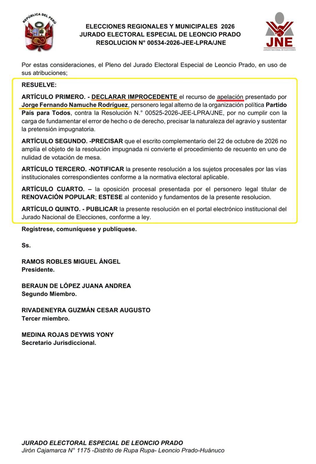 Jurado de Leoncio Prado rechaza el pedido de País para Todos de anular tres actas