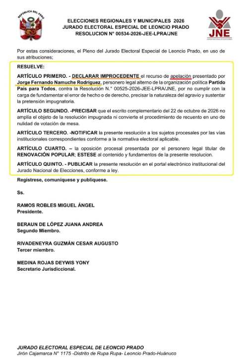 Jurado de Leoncio Prado rechaza el pedido de País para Todos de anular tres actas