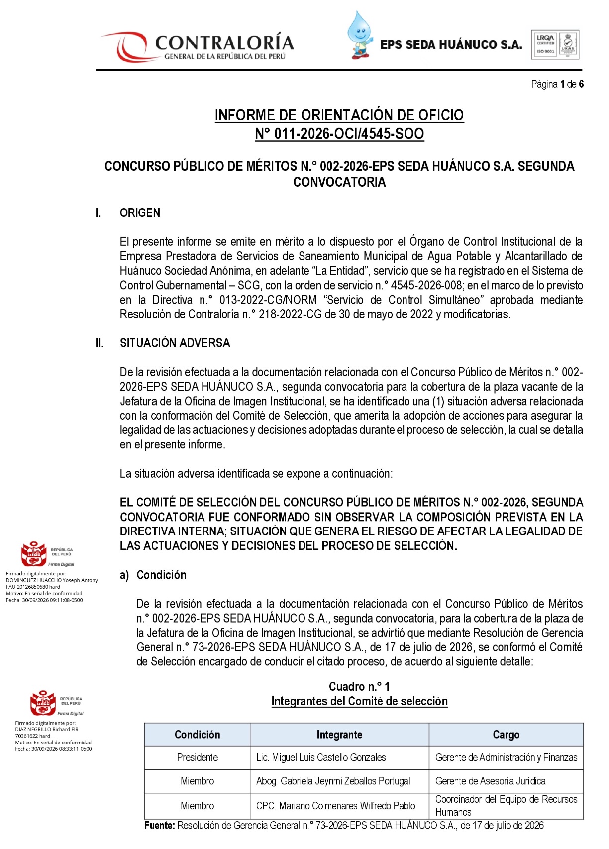 Contraloría: Seda Huánuco conformó con tres miembros un comité que debía tener dos