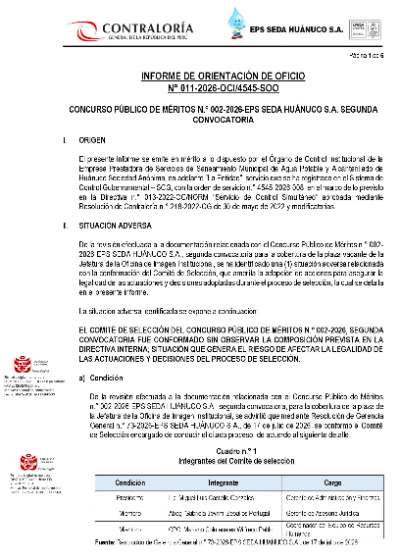Contraloría: Seda Huánuco conformó con tres miembros un comité que debía tener dos