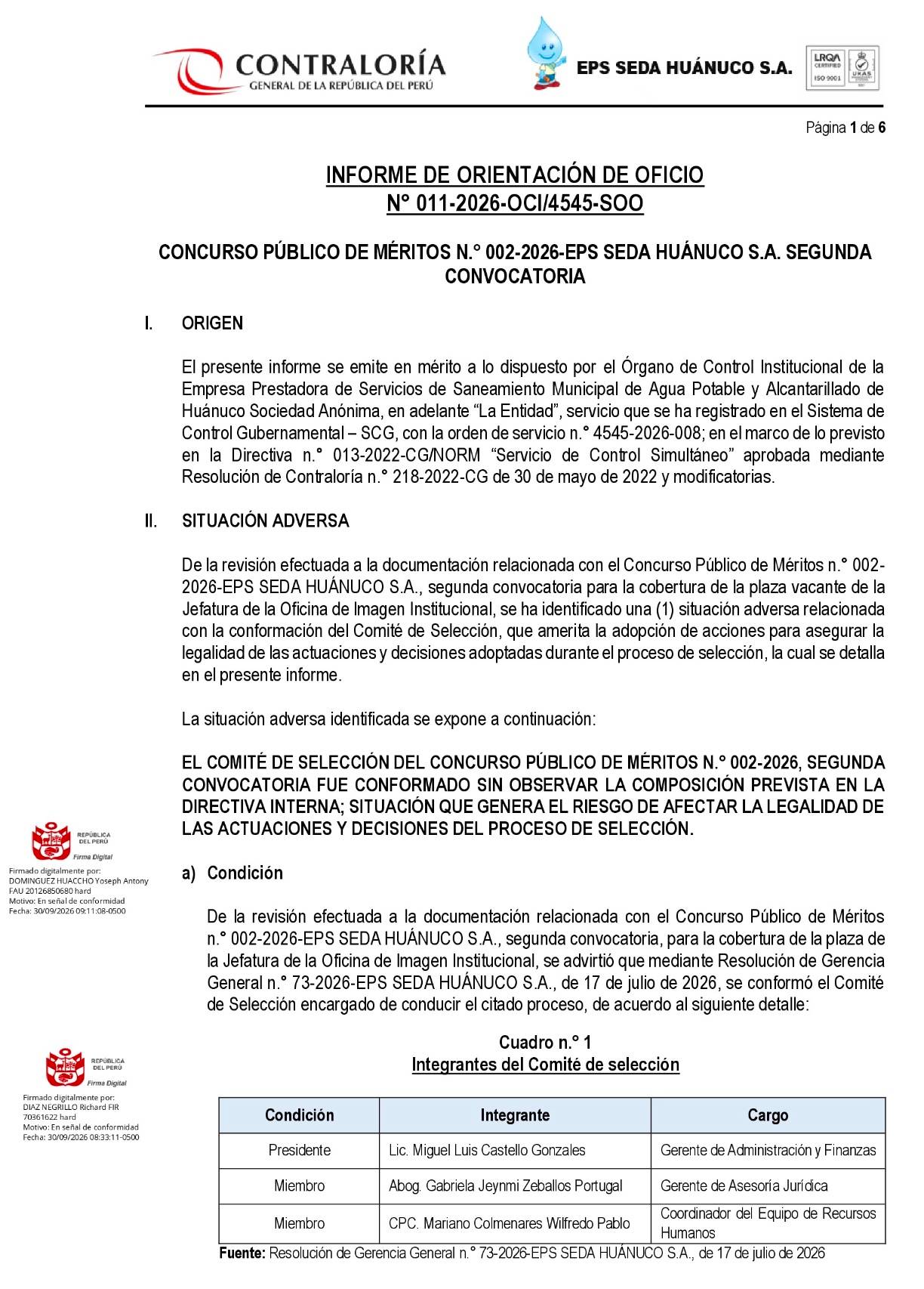 Contraloría: Seda Huánuco conformó con tres miembros un comité que debía tener dos
