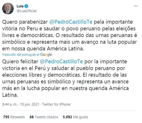 Expresidente de Brasil felicita a Pedro Castillo por “importante victoria en el Perú”