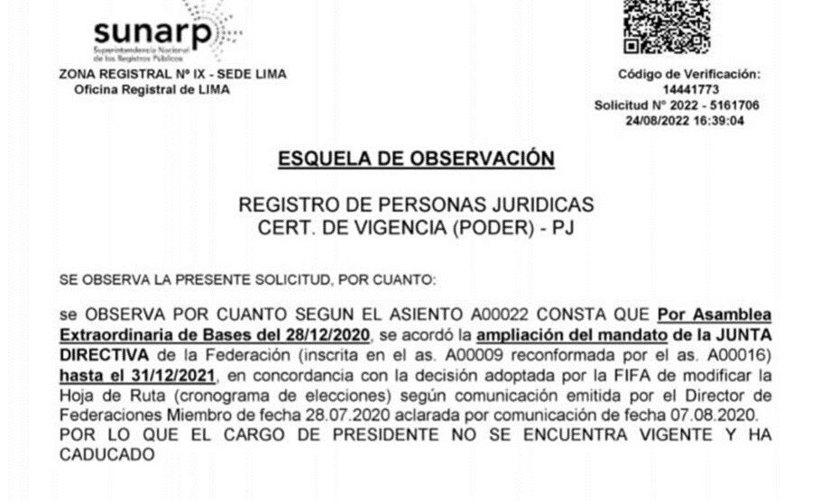 FPF no cuenta con inscripción