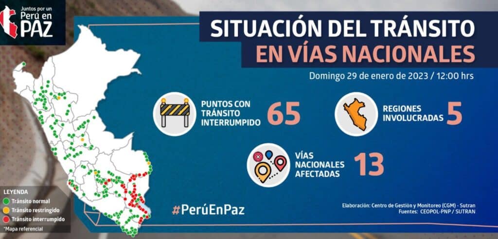 Sutran: Reporta disminución de bloqueo de vías a nivel nacional