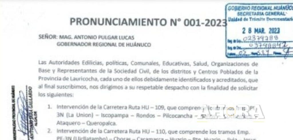 Dan ultimátum de 30 días para que gobernador intervenga tres vías de Lauricocha