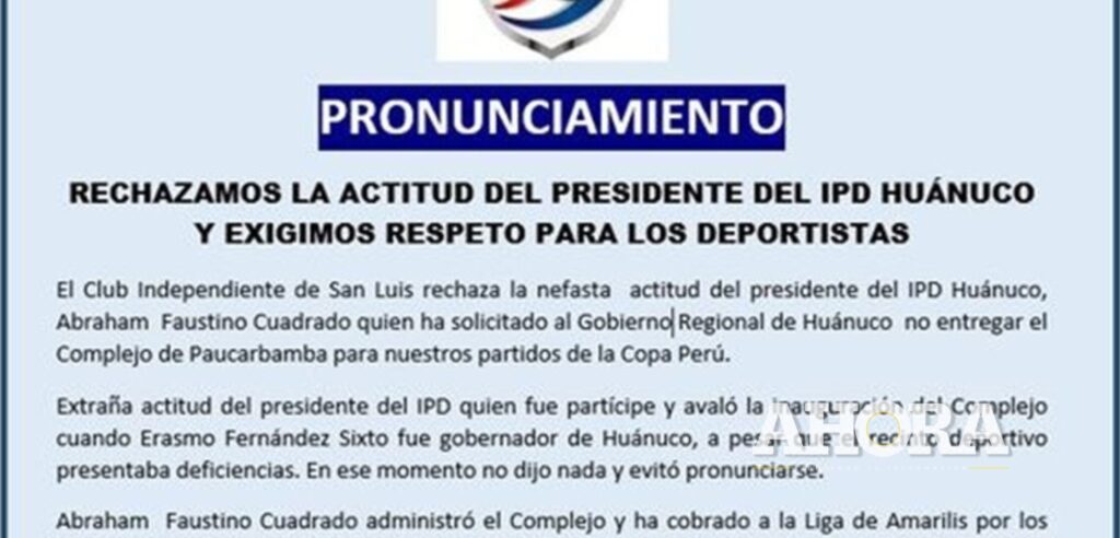 Club de Amarilis pide la destitución del jefe del IPD Huánuco