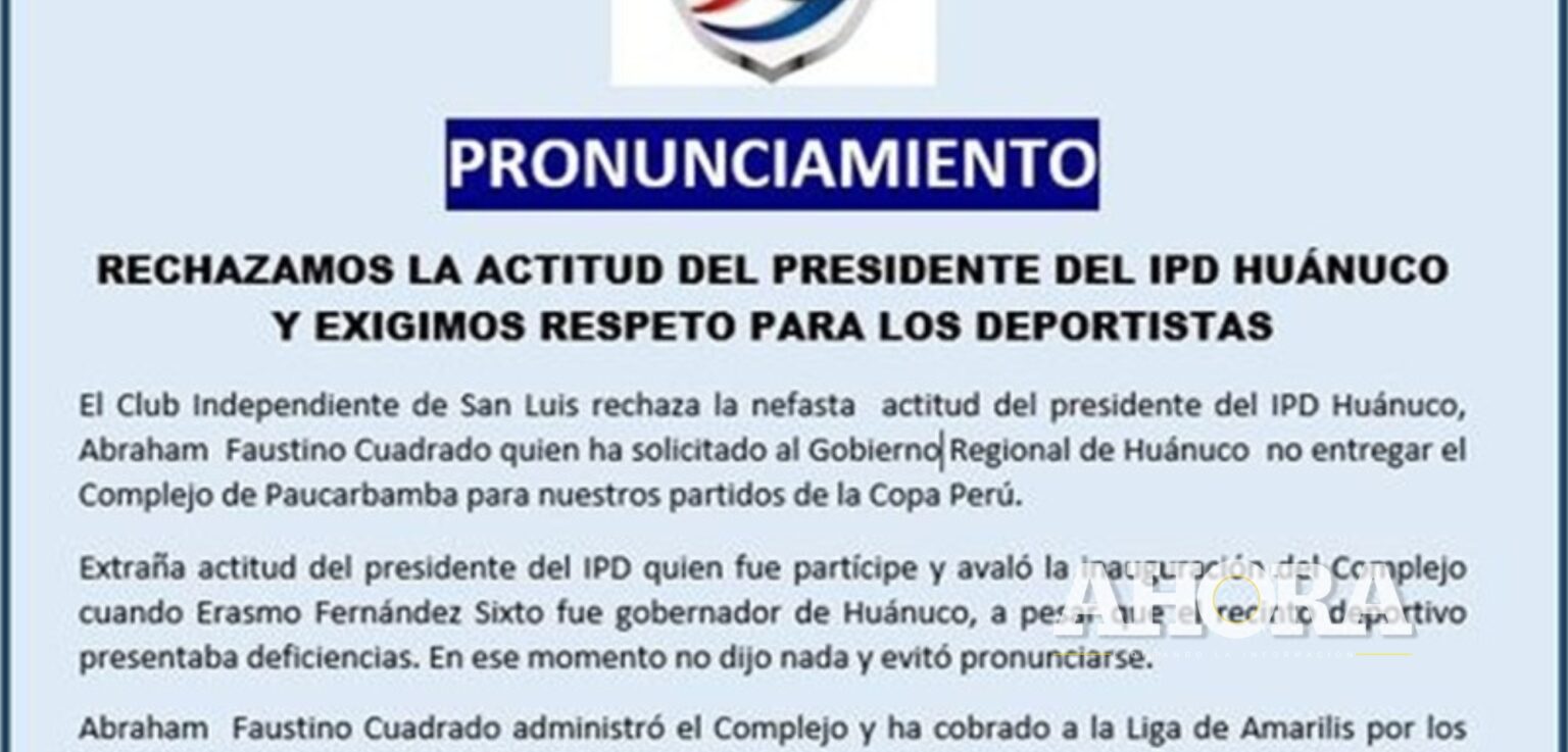 Club de Amarilis pide la destitución del jefe del IPD Huánuco