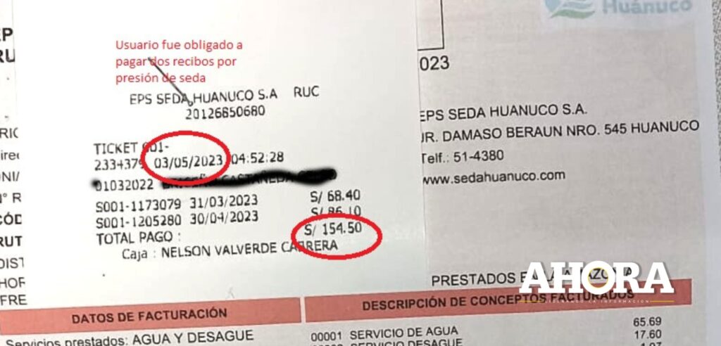 Sunass evalúa sancionar a Seda Huánuco por obligar a usuario pagar doble recibo