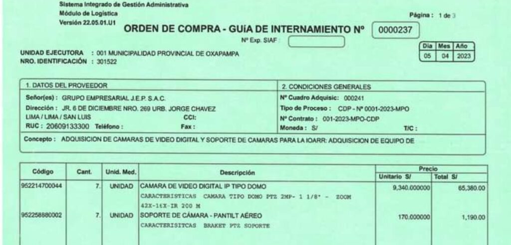 Alcalde de Oxapampa habría adquirido cámaras de videovigilancia a precios exorbitantes