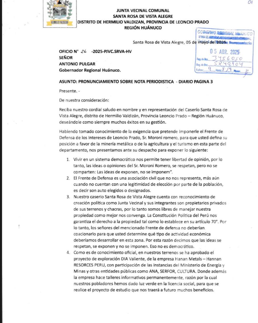 Pobladores De Vista Alegre Respaldan Proyecto Minero Y Rechazan Presiones Politicas